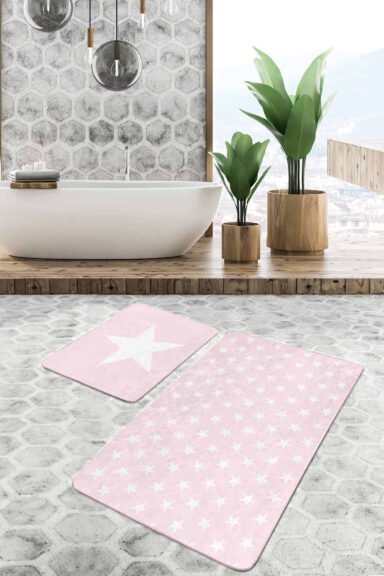 Pembe Zemin Yıldız Temalı 2'li Kaymaz Tabanlı Banyo Paspas Takımı