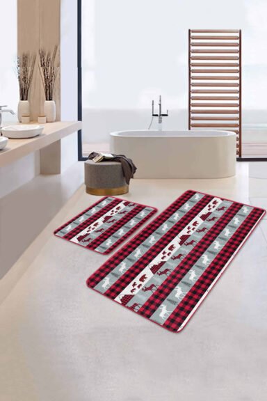 Yılbaşı Temalı Geyik Tasarımlı 2'li Kaymaz Tabanlı Banyo Paspas Takımı