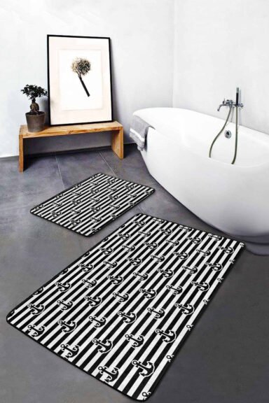 Siyah Beyaz Çizgili Çapa Tasarımlı 2'li Kaymaz Tabanlı Banyo Paspas Takımı