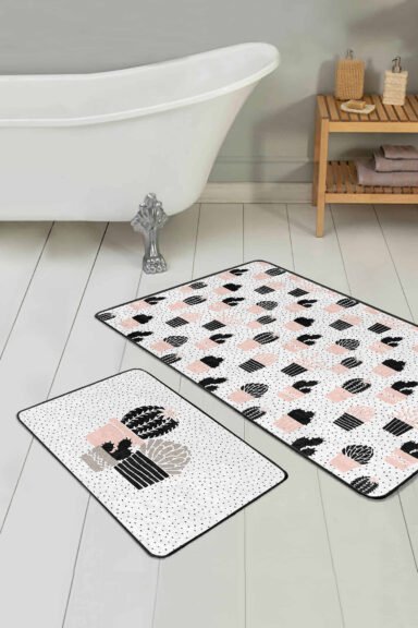 Puantiye Zeminli Kaktüs Tasarımlı 2'li Kaymaz Tabanlı Banyo Paspas Takımı