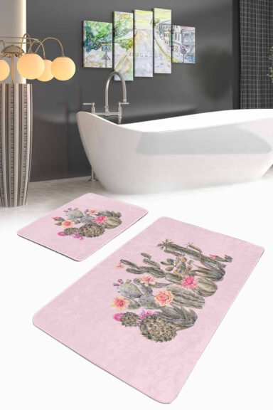 Kaktüs Özel Tasarımlı 2'li Kaymaz Tabanlı Banyo Paspas Takımı
