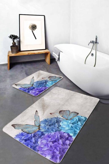 Ortanca Çiçeği Kelebek Motifli 2'li Kaymaz Tabanlı Banyo Paspas Takımı