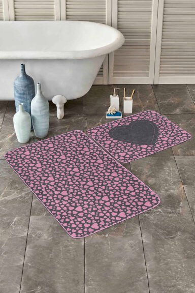 Love Temalı Kalp Tasarımlı 2'li Kaymaz Tabanlı Banyo Paspas Takımı