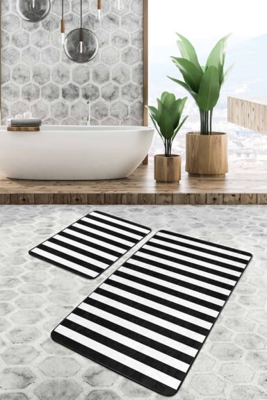 Siyah Beyaz Düz Çizgili 2'li Kaymaz Tabanlı Banyo Paspas Takımı