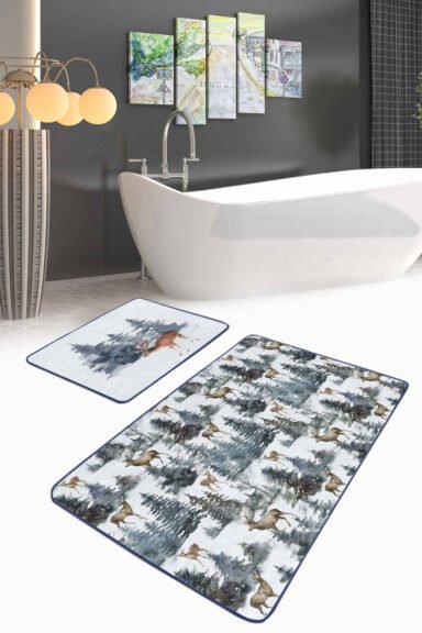 Çam Ağaçları Geyik Tasarımlı 2'li Kaymaz Tabanlı Banyo Paspas Takımı