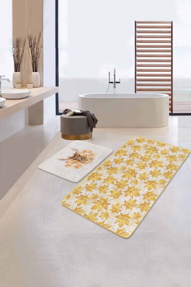 Sonbahar Yaprakları Dijital Baskılı 2'li Kaymaz Tabanlı Banyo Paspas Takımı