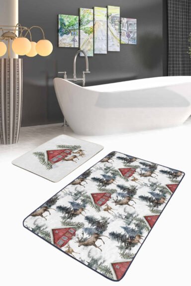 Bağ Evi Kış Temalı Geyikler 2'li Kaymaz Tabanlı Banyo Paspas Takımı