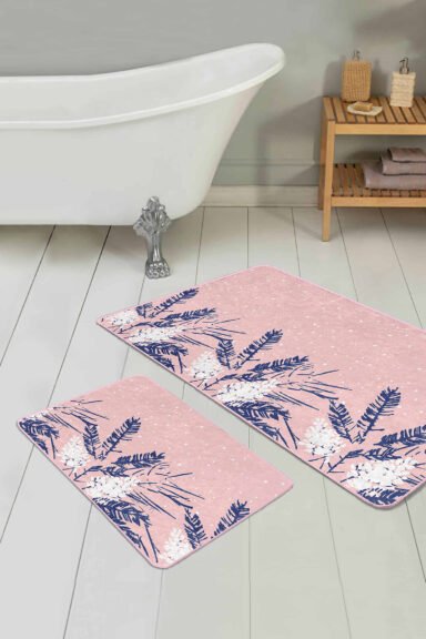 Lacivert Yapraklar Özel Tasarım 2'li Kaymaz Tabanlı Banyo Paspas Takımı
