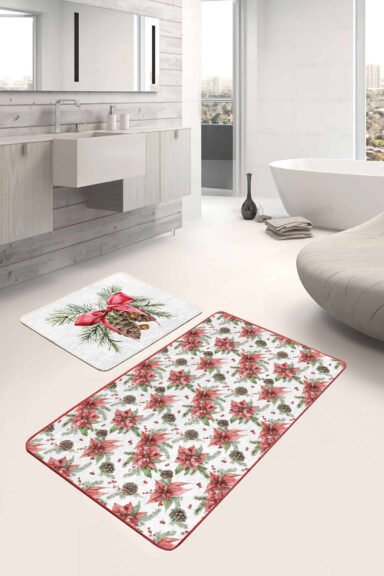 Gül Kozalak Temalı Dijital Baskılı 2'li Kaymaz Tabanlı Banyo Paspas Takımı