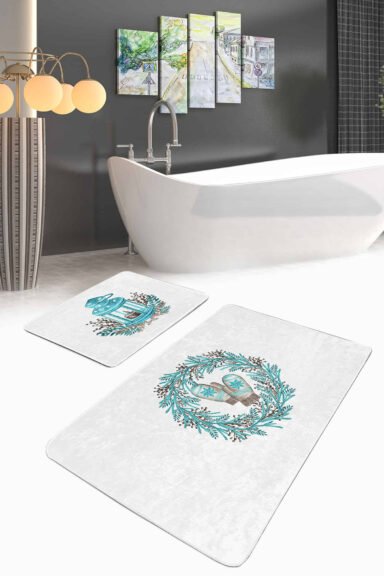 Yılbaşı Temalı Dijital Baskılı 2'li Kaymaz Tabanlı Banyo Paspas Takımı