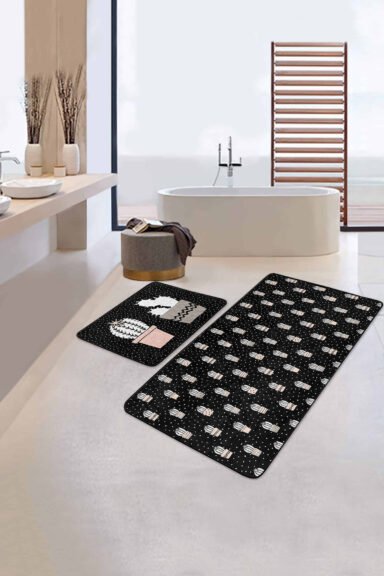 Puantiyeli Kaktüs Tasarımlı 2'li Kaymaz Tabanlı Banyo Paspas Takımı