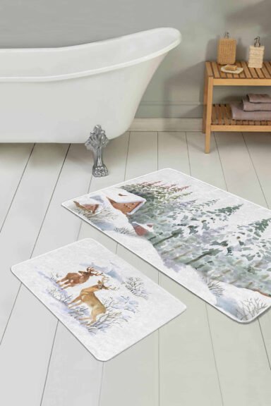 Bağ Evi Tasarımlı Dijital Baskılı 2'li Kaymaz Tabanlı Banyo Paspas Takımı