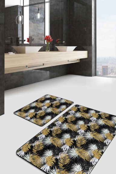Siyah Beyaz Tropik Yapraklar 2'li Kaymaz Tabanlı Banyo Paspas Takımı