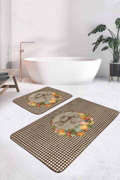 Kabak Temalı Ekose Tasarımlı 2'li Mutfak Paspas Takımı & Banyo Halısı Seti