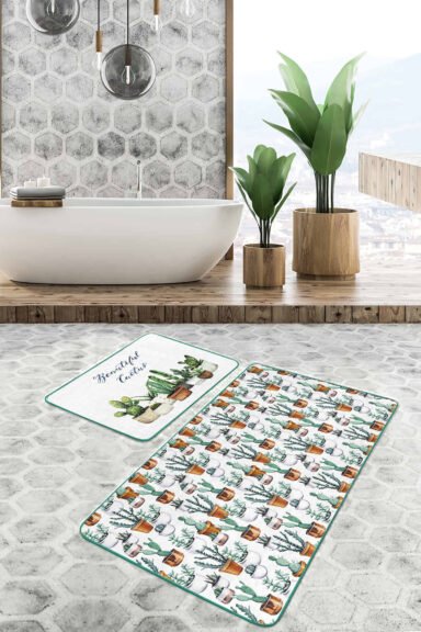 Kaktüs Motifli Dijital Baskılı 2'li Kaymaz Tabanlı Banyo Takımı