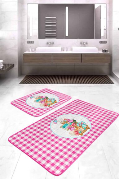 Pembe Ekoseli Özel Tasarım 2'li Banyo Paspas Takımı Seti