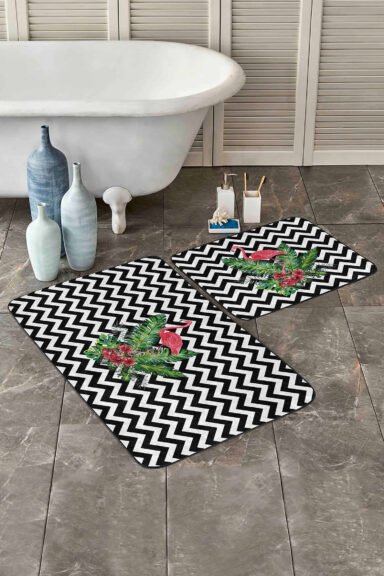 Motifli Flamingo Tasarımlı 2'li Kaymaz Tabanlı Banyo & Paspas Takımı
