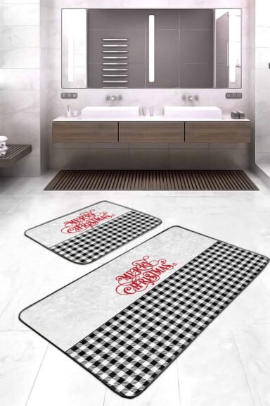 Siyah Ekose Mery Christmas Temalı 2'li Banyo Halısı Seti &Paspas Takımı