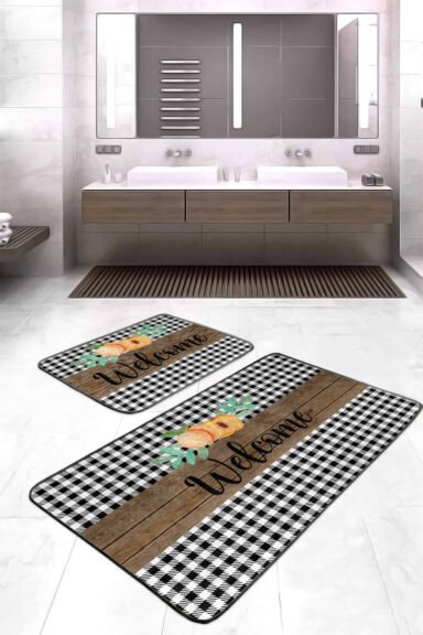Welcome Temalı Ekose Motifli 2'li Set & Banyo Paspas Takımı