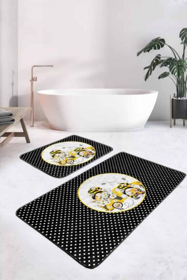 Siyah Puantiyeli Sarı Arabalı 2'li Banyo Paspas Takımı