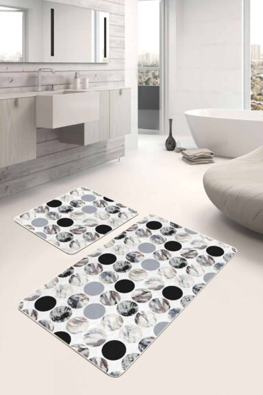 Mermer Motifleri Dijital Baskılı 2'li Kaymaz Tabanlı Banyo Paspas Takımı