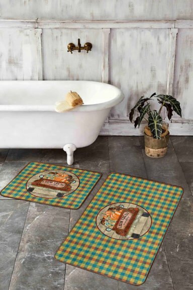 Kabak Temalı Ekose Tasarımlı 2'li Klozet Paspas Takımı Banyo Paspas Seti