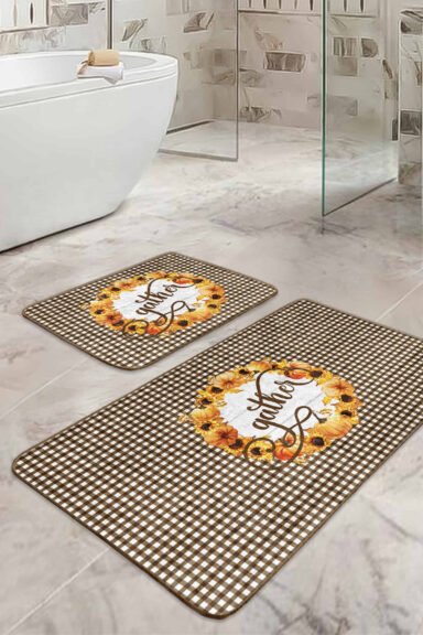 Ekose Motifli Kabak Temalı 2'li Banyo Paspas Takımı & Klozet Paspas Seti