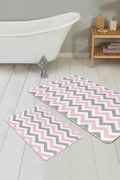 Pembe Gri Zigzag Motifli 2'li Kaymaz Tabanlı Banyo Paspas Takımı
