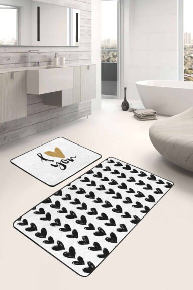 I Love You Kalp Motifli 2'li Kaymaz Tabanlı Banyo Paspas Takımı