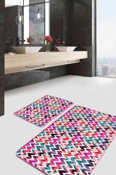 Tropik Yaprak Zigzag Motifli 2'li Kaymaz Tabanlı Banyo Paspas Takımı