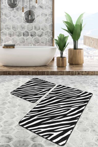 Siyah Beyaz Zebra Desen Motifli 2'li Kaymaz Tabanlı Banyo Paspas Takımı