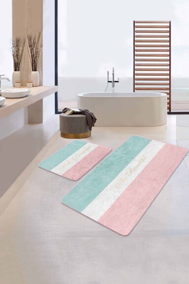 Soft Renkli Hello Beatiful Temalı 2'li Kaymaz Tabanlı Banyo Paspas Takımı