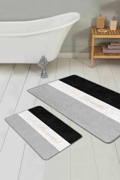 Pastel Renkli Hello Beatiful Tema 2'li Kaymaz Tabanlı Banyo Paspas Takımı
