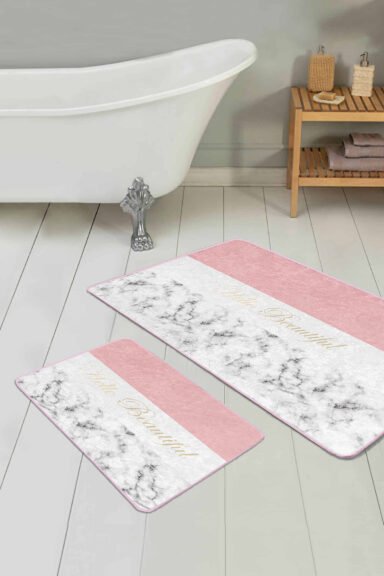 Soft Renkli Hello Beatiful Motifli 2'li Kaymaz Tabanlı Banyo Paspas Takımı