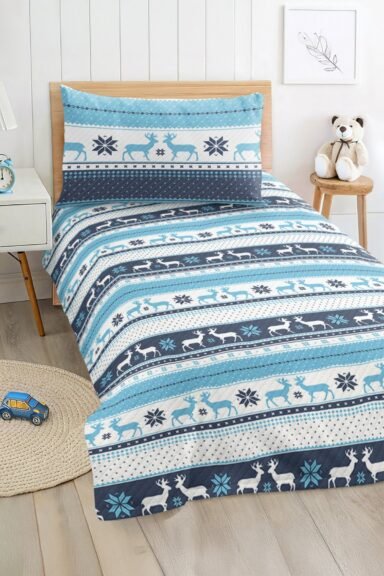 Mavi Geyik ve Kar Tanesi Desenli Çocuk ve Genç Odası Tek Kişilik Pike Takımı