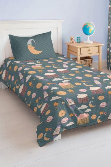 Uzay Temalı Ay, Bulut ve Roket Desenli Gri Renkli Çocuk ve Genç Odası Tek Kişilik Pike Takımı