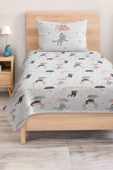 Gri Kedi, Şemsiye ve Gökkuşağı Desenli Çocuk ve Genç Odası Tek Kişilik Pike Takımı