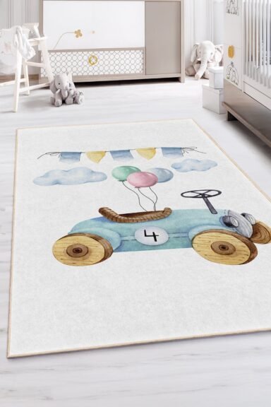 Balonlu Araba Desenli Pastel Vintage Mavi Bebek Odası Halısı