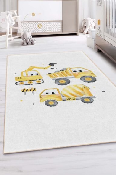 Sevimli İş Makinesi Desenli Modern Sarı Çocuk Odası Halısı