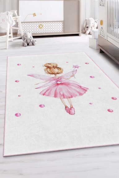 Pembe Peri Kız Desenli Pastel Beyaz Kız Çocuk Odası Halısı