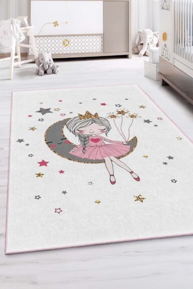 Ay Üstünde Prenses Desenli Pastel Pembe Kız Çocuk Odası Halısı