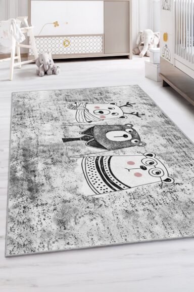 Sevimli Ayıcıklar Desenli Modern Gri Çocuk Odası Halısı