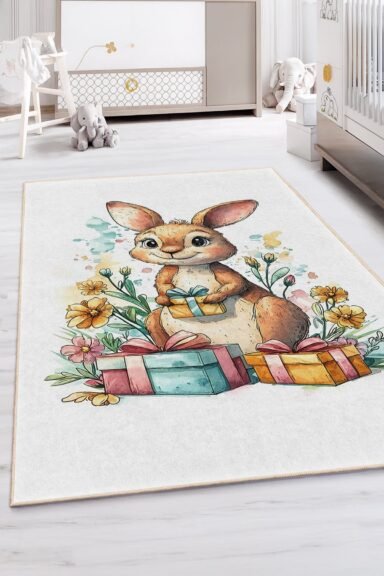 Hediye Kutulu Sevimli Tavşan Desenli Pastel Renk Çocuk Odası Halısı