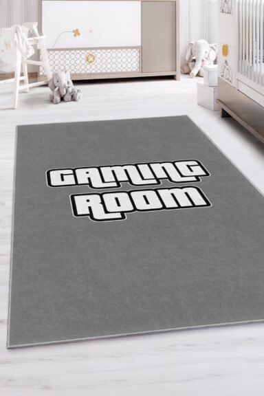 Gaming Room Yazılı Modern Gri Çocuk Odası Halısı