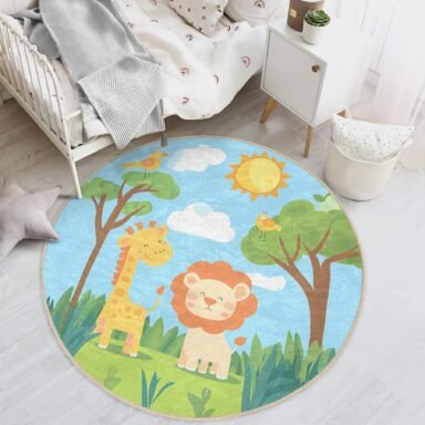 Sevimli Aslan ve Zürafa Safari Temalı Yuvarlak Bebek Odası Halısı