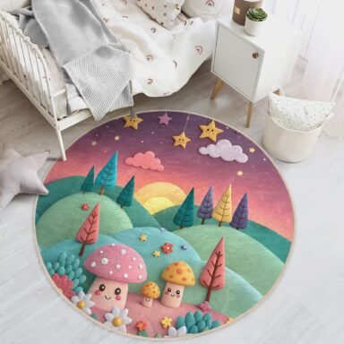 Sevimli Mantar ve Orman Manzaralı Pastel Yuvarlak Bebek Odası Halısı
