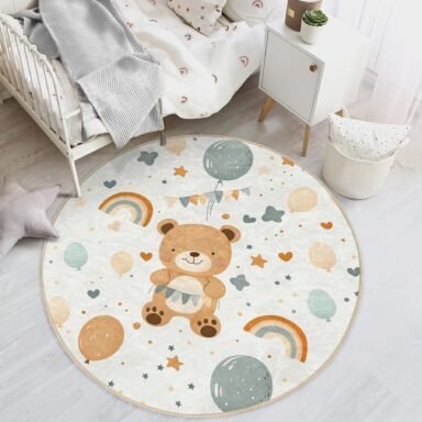 Balonlu Sevimli Ayıcık Desenli Pastel Tema Yuvarlak Bebek Odası Halısı