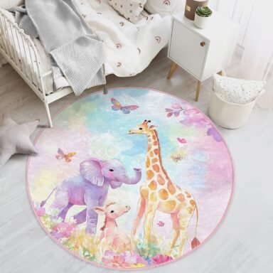 Pastel Afrika Hayvanları Desenli Masal Temalı Yuvarlak Bebek Odası Halısı