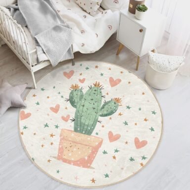Sevimli Kaktüs ve Yıldız Desenli Pastel Tema Yuvarlak Çocuk Odası Halısı
