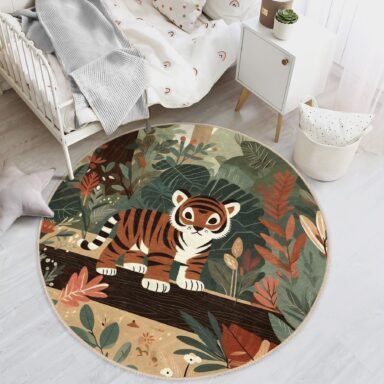Sevimli Kaplan ve Orman Temalı Yuvarlak Çocuk Odası Halısı
